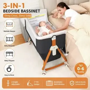 Portable bedside rockable bassinet, wheels, 6 heights