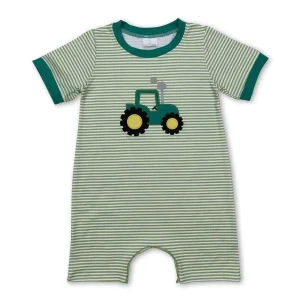 0-2T, Green stripe tractor romper