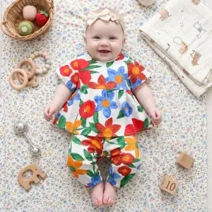 Bright Floral Cotton Dress , Long Pants