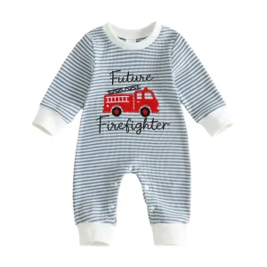 Striped-Fire-Truck Crewneck Jumpsuit